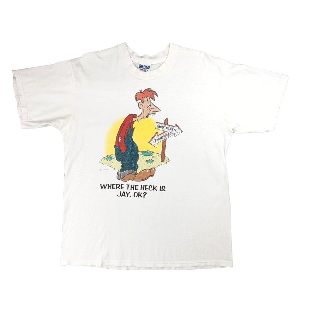 Vintage T Shirt Gildan Men Large Where Heck Is Jay Oklahoma White Hillbilly OK